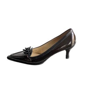 Oscar de la Renta Dark Brown Patent Leather Kitten Heel Loafers